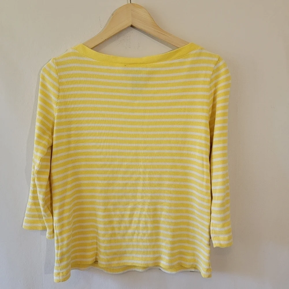Lauren Ralph Lauren Yellow/White Striped Knit Top Sz M Boatneck 3/4 Sleeve - Picture 5 of 9